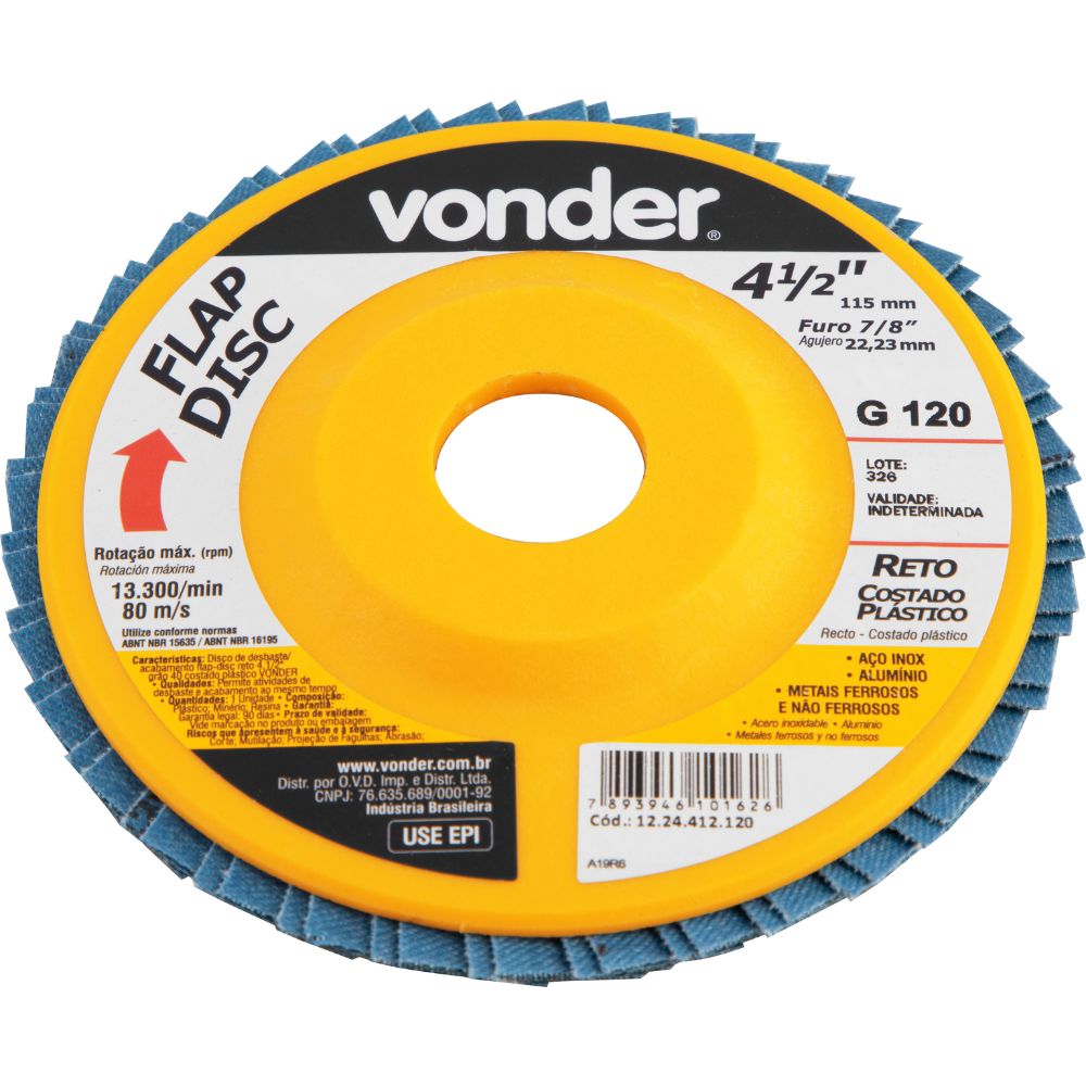 DISCO DE DESBASTE TIPO FLAP GRAO 120 115MM X 22MM - FIBRA OVD