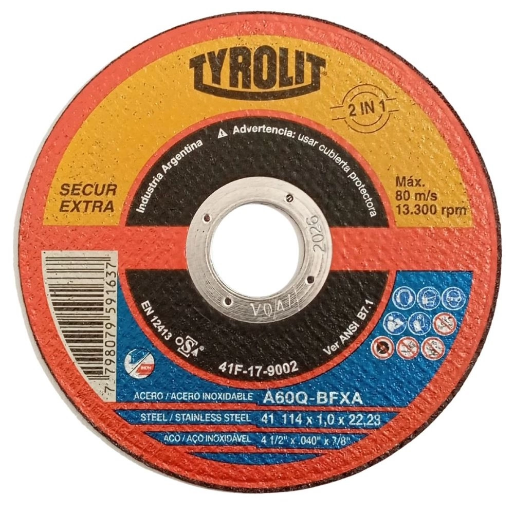 DISCO DE CORTE INOX 4.1/2" POL. 115X1X22,22MM 41F SECUR - TYROLIT